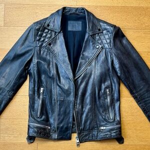 AllSaints Washed Black Quilted Lambskin Moto Jacket (Men’s S)